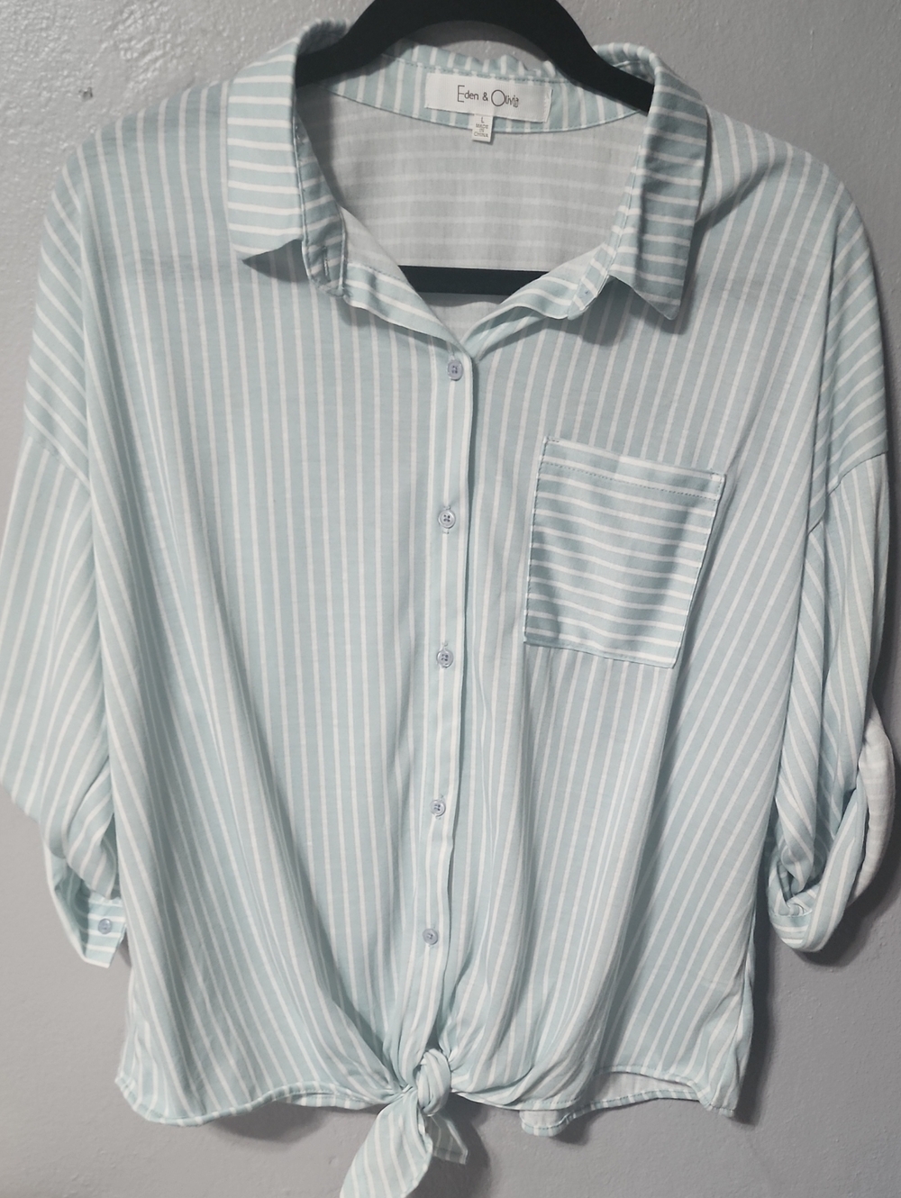 Eden & Olivia Light Mint and White Striped Tie-Front Blouse